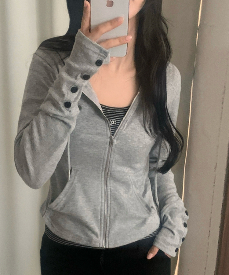 スリムジップアップフードトレーナー(12color) MELANGE GRAY