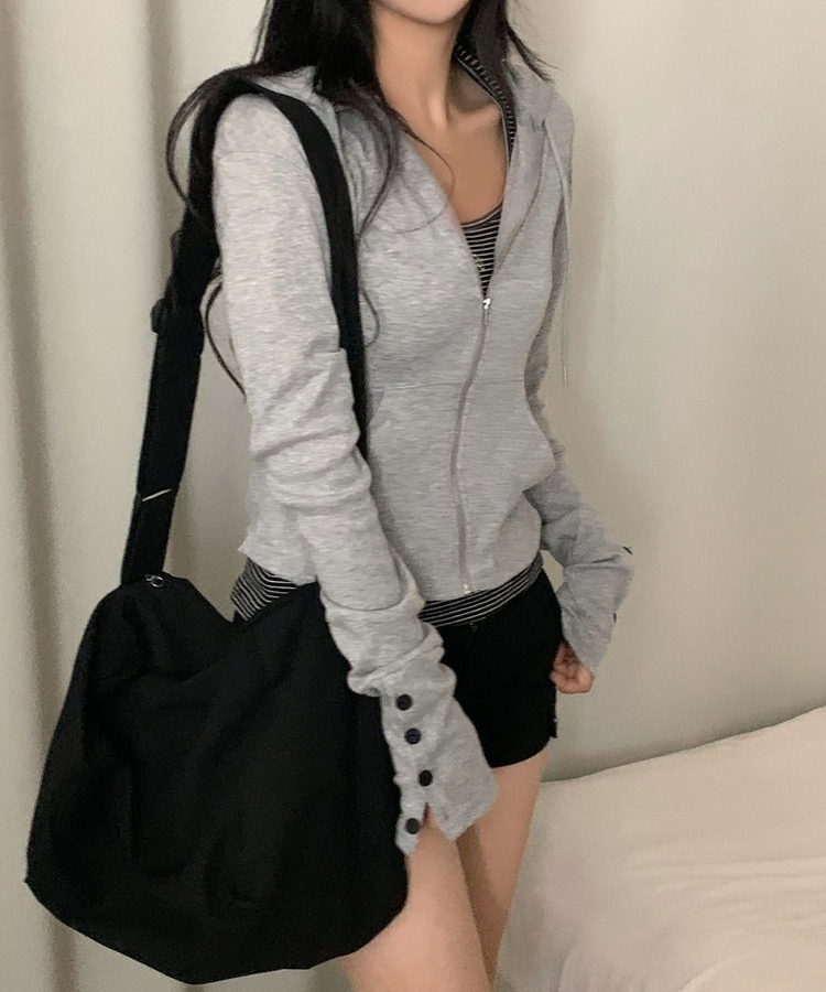 スリムジップアップフードトレーナー(12color) MELANGE GRAY
