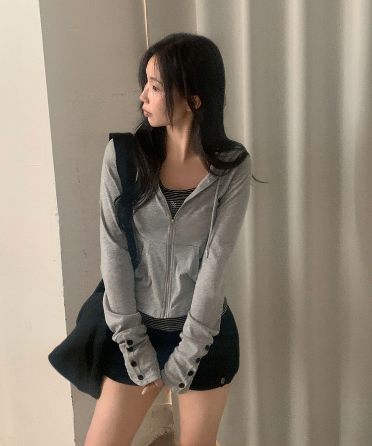 スリムジップアップフードトレーナー(12color) MELANGE GRAY