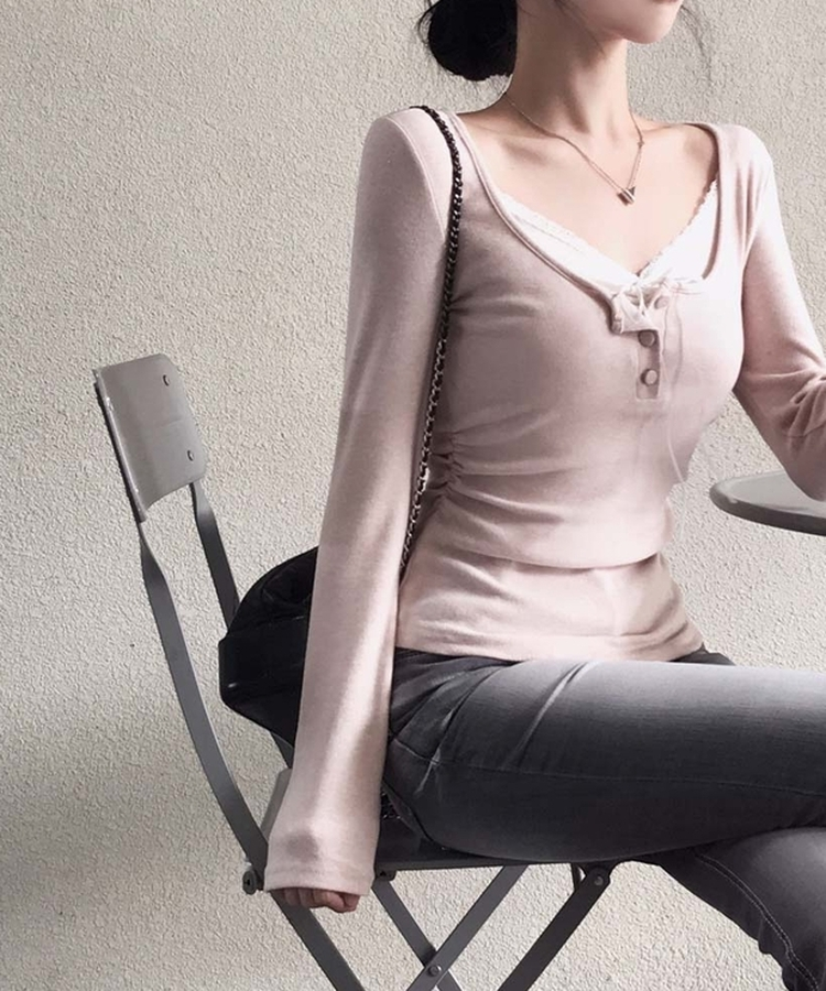 レースキャミソールレイヤード長袖Tシャツ PINK