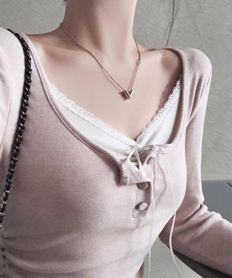 レースキャミソールレイヤード長袖Tシャツ PINK