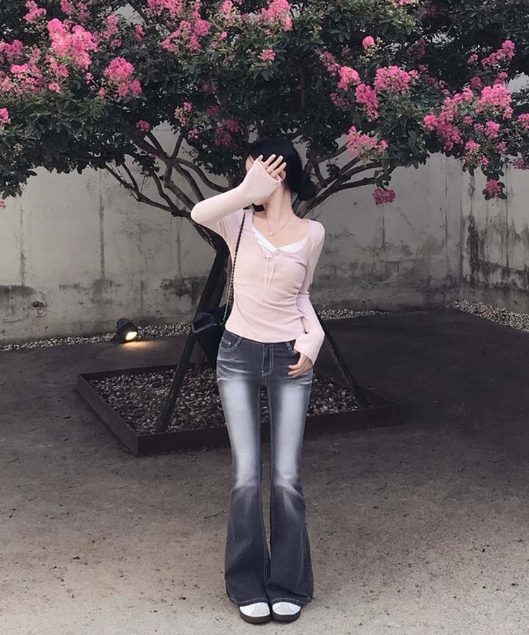 レースキャミソールレイヤード長袖Tシャツ PINK