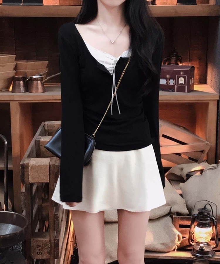 レースキャミソールレイヤード長袖Tシャツ BLACK