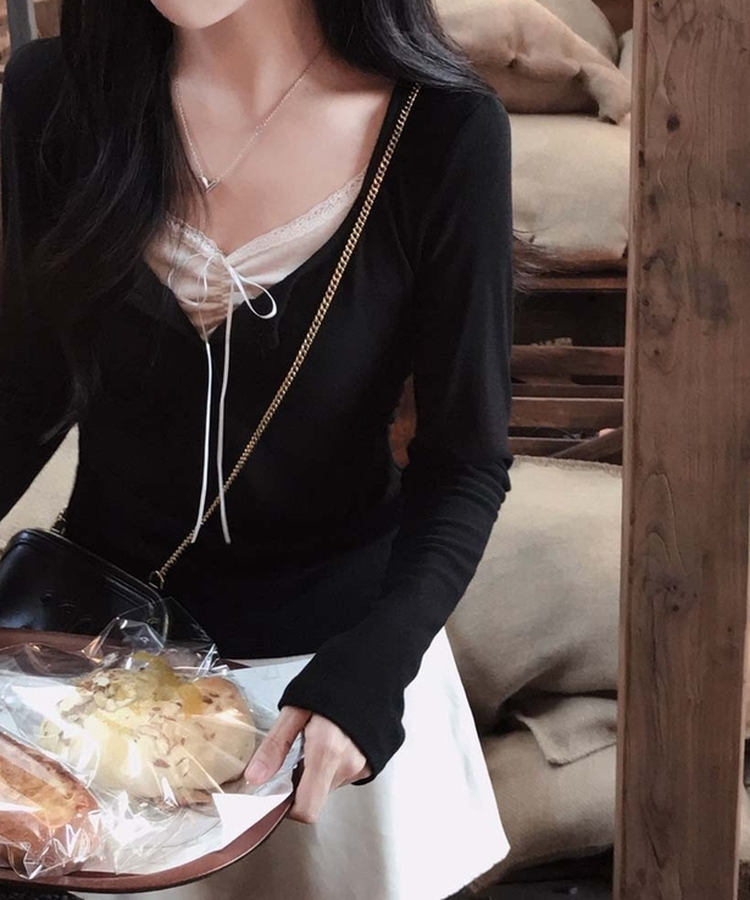 レースキャミソールレイヤード長袖Tシャツ BLACK