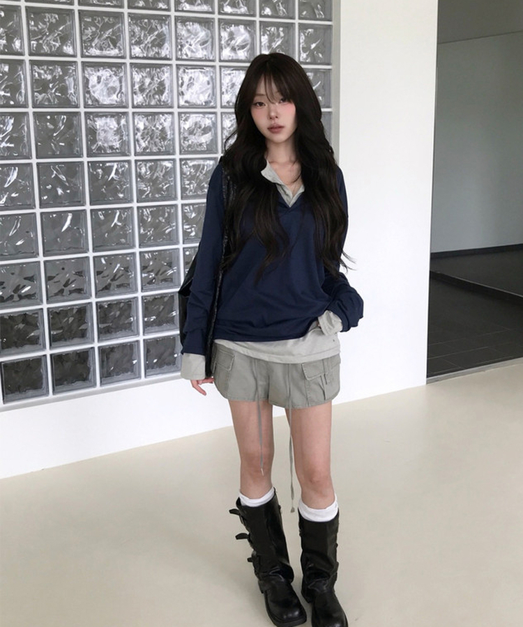レイヤードヘンリーネックTシャツ(8color) NAVY