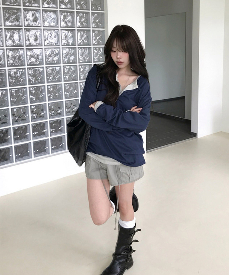 レイヤードヘンリーネックTシャツ(8color) NAVY