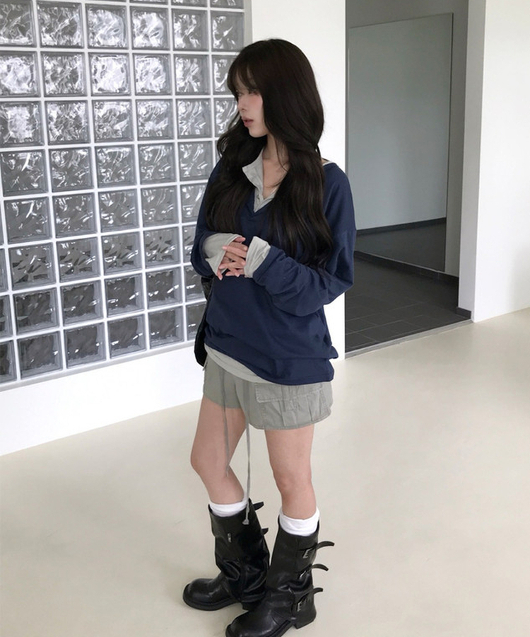 レイヤードヘンリーネックTシャツ(8color) NAVY