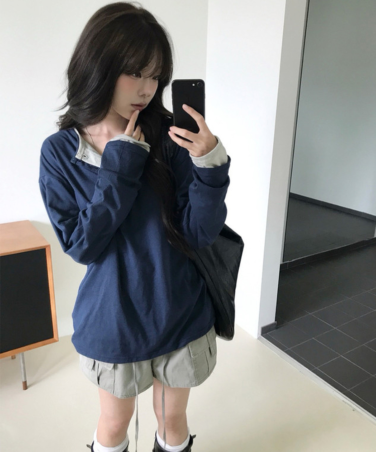 レイヤードヘンリーネックTシャツ(8color) NAVY