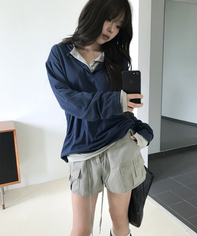 レイヤードヘンリーネックTシャツ(8color) NAVY