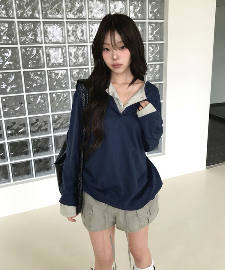レイヤードヘンリーネックTシャツ(8color) NAVY