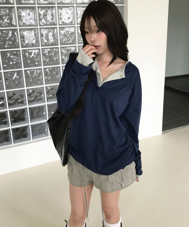 レイヤードヘンリーネックTシャツ(8color) NAVY