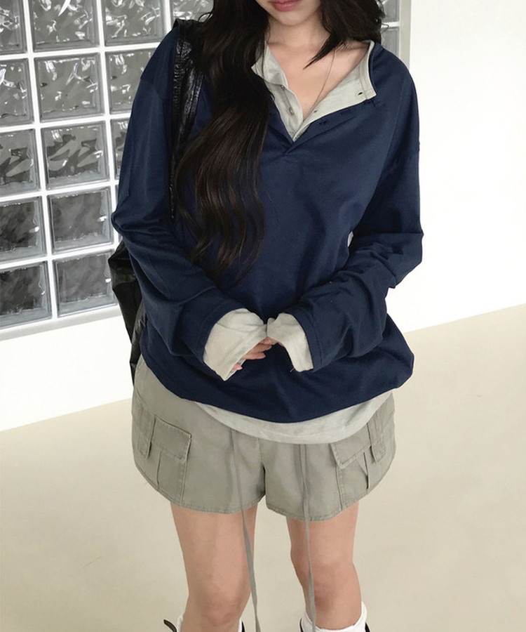 レイヤードヘンリーネックTシャツ(8color) NAVY