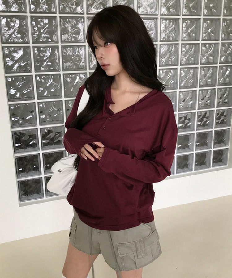 レイヤードヘンリーネックTシャツ(8color) WINE