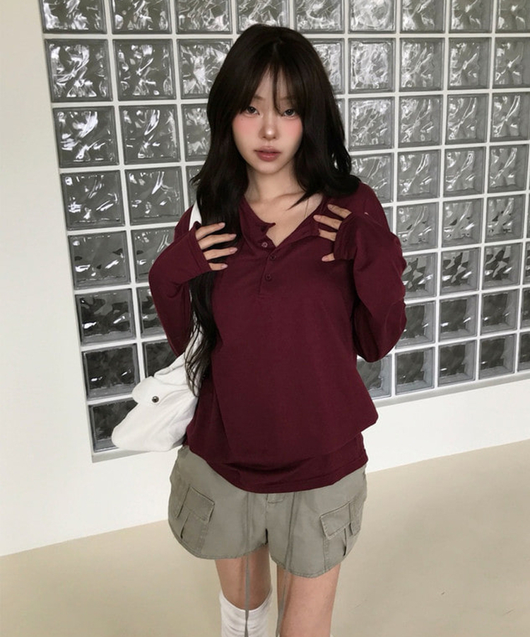 レイヤードヘンリーネックTシャツ(8color) WINE