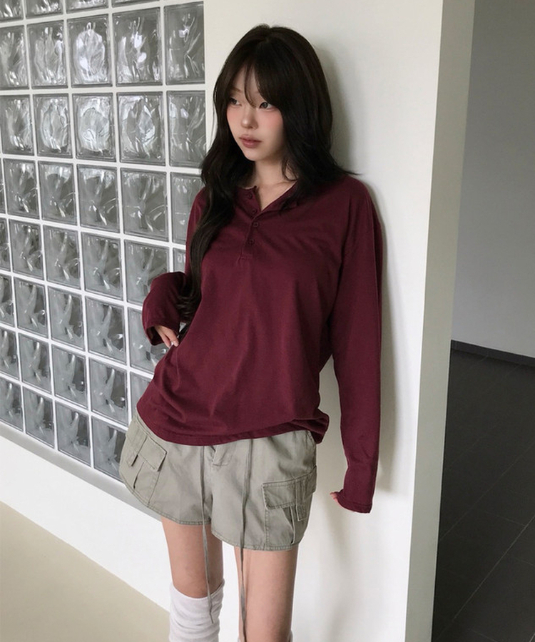 レイヤードヘンリーネックTシャツ(8color) WINE