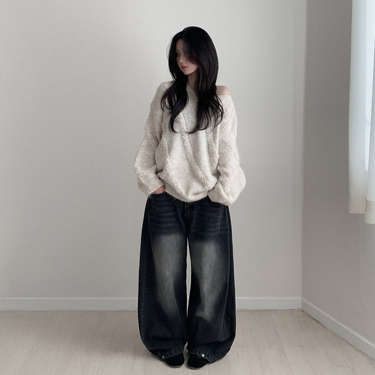 ワンショルダーパフ長袖ニット BEIGE