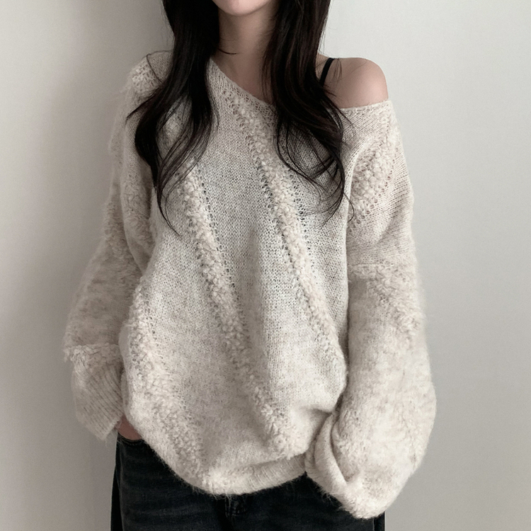 ワンショルダーパフ長袖ニット BEIGE