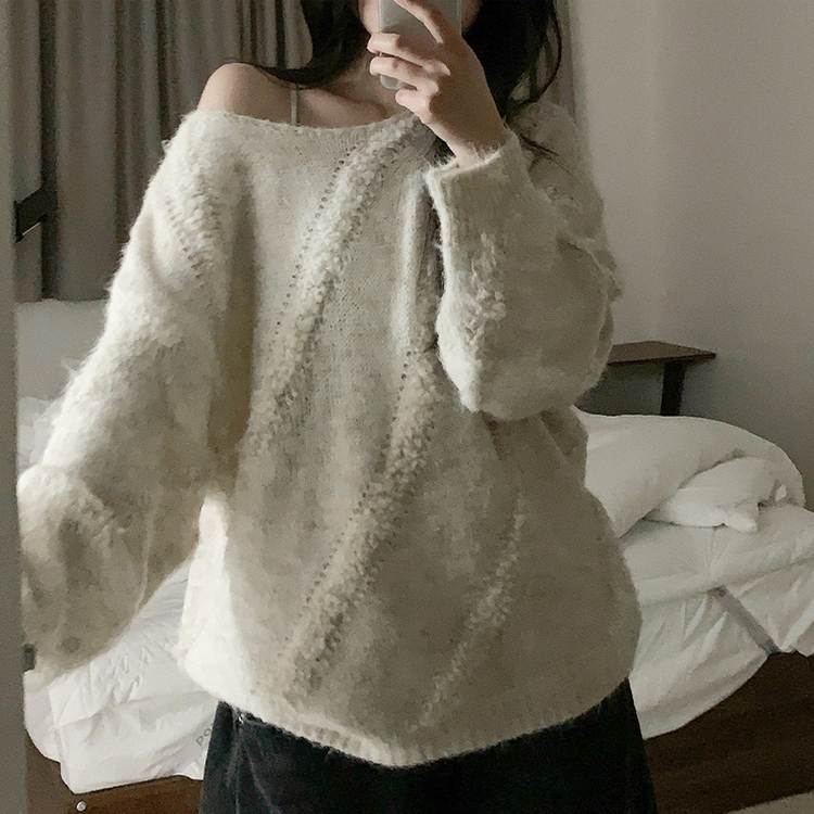 ワンショルダーパフ長袖ニット BEIGE