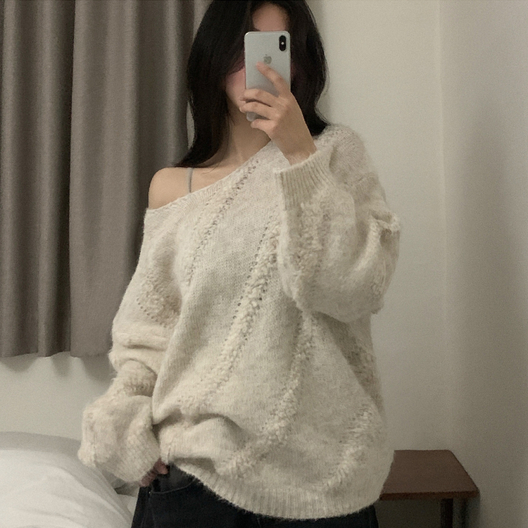 ワンショルダーパフ長袖ニット BEIGE