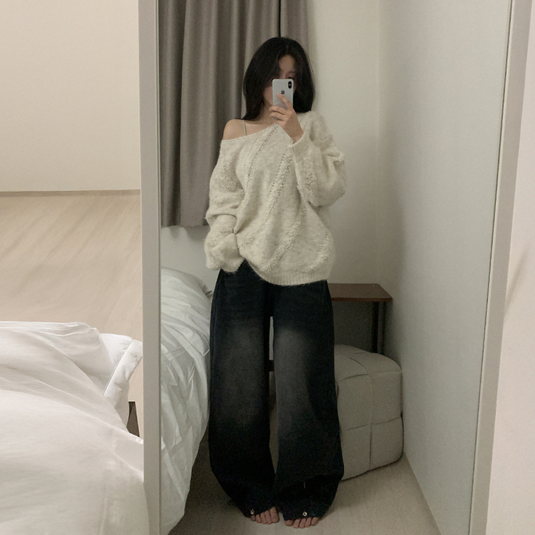 ワンショルダーパフ長袖ニット BEIGE