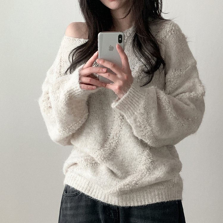 ワンショルダーパフ長袖ニット BEIGE