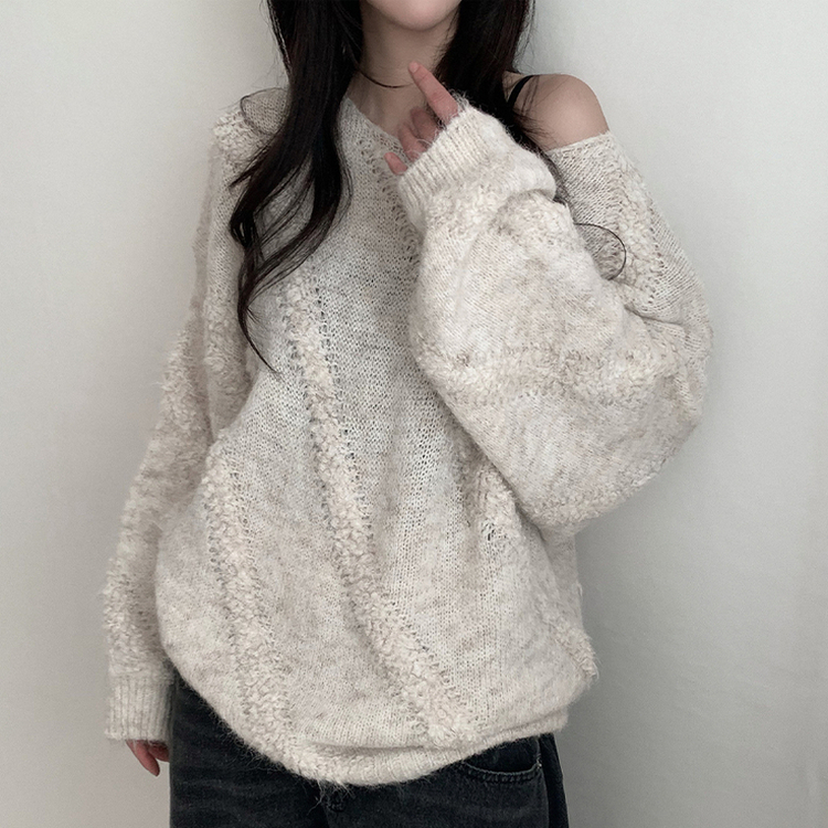 ワンショルダーパフ長袖ニット BEIGE