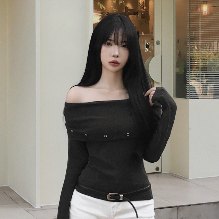 パンチングオフショル長袖ニット CHARCOAL