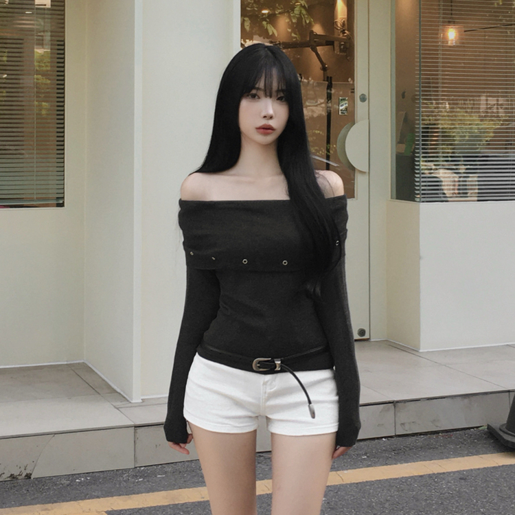 パンチングオフショル長袖ニット CHARCOAL