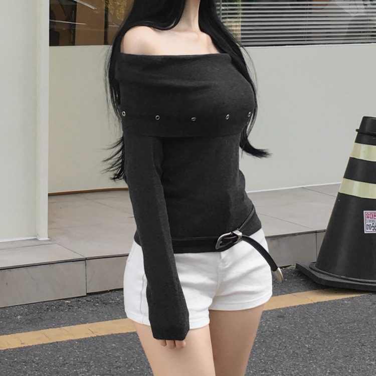 パンチングオフショル長袖ニット CHARCOAL