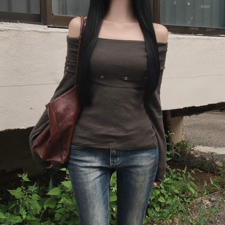 パンチングオフショル長袖ニット BROWN