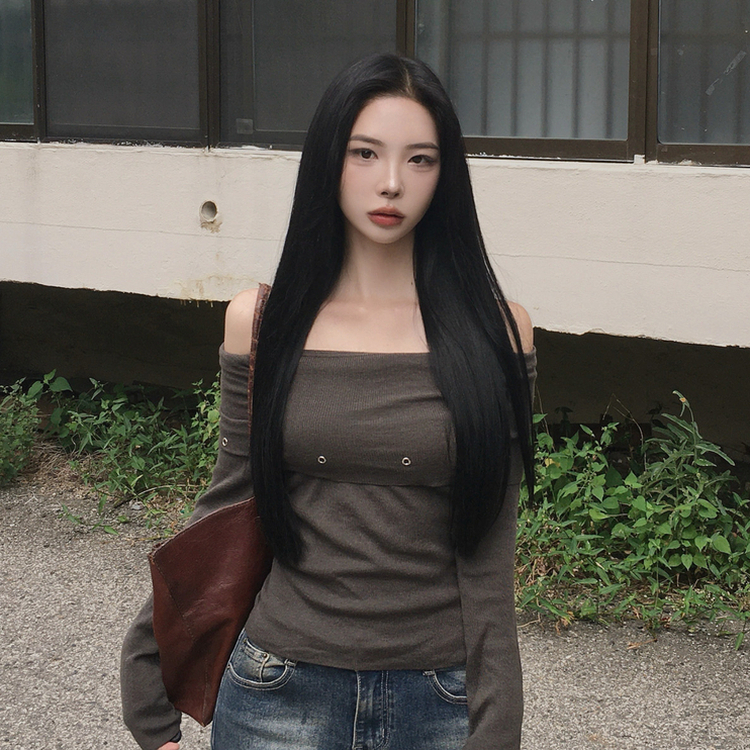 パンチングオフショル長袖ニット BROWN
