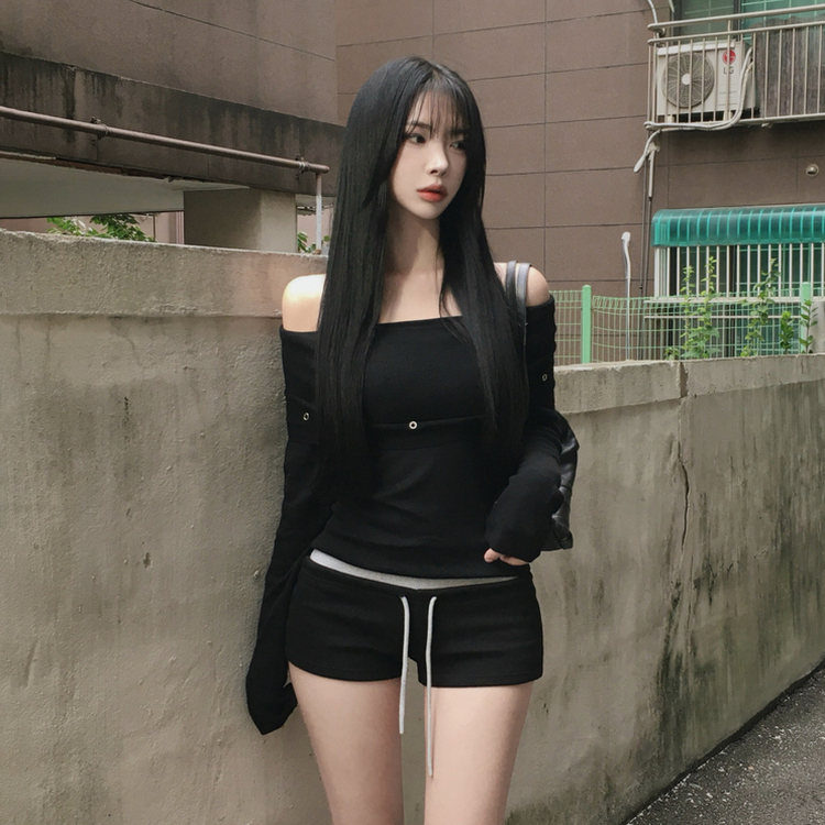 パンチングオフショル長袖ニット BLACK