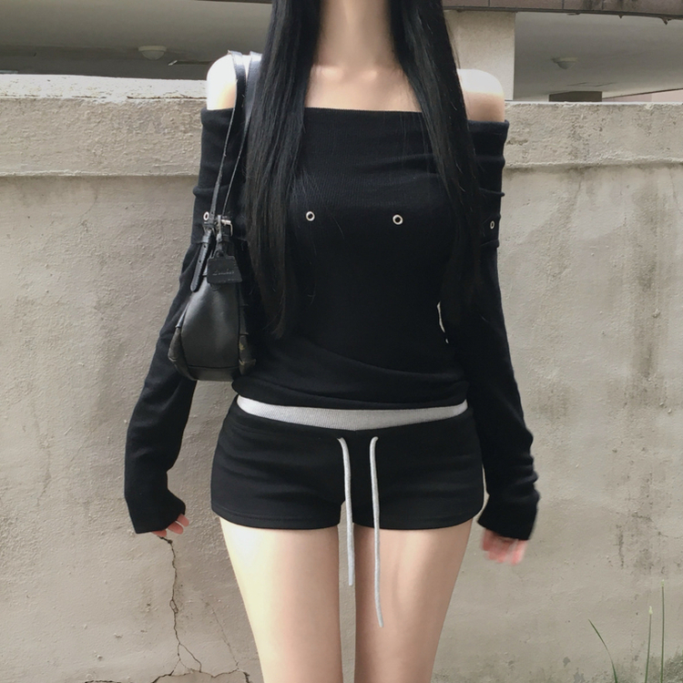 パンチングオフショル長袖ニット BLACK