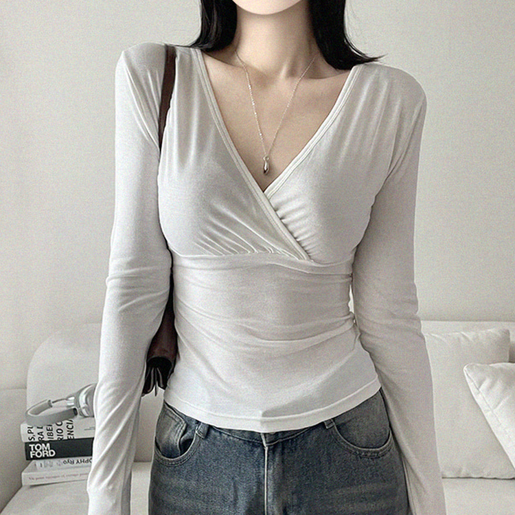 シャーリングVネック長袖Tシャツ(6color) IVORY