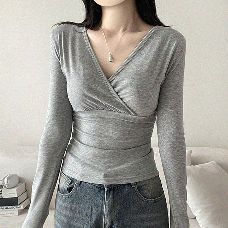 シャーリングVネック長袖Tシャツ(6color) MELANGE
