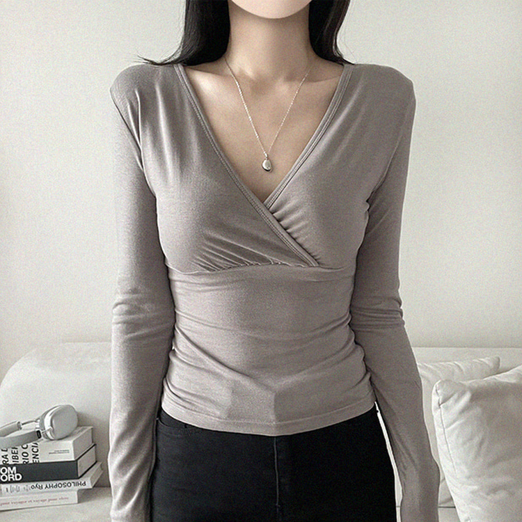 シャーリングVネック長袖Tシャツ(6color) BEIGE