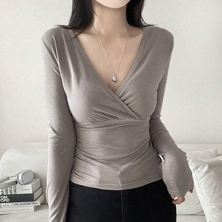 シャーリングVネック長袖Tシャツ(6color) BEIGE
