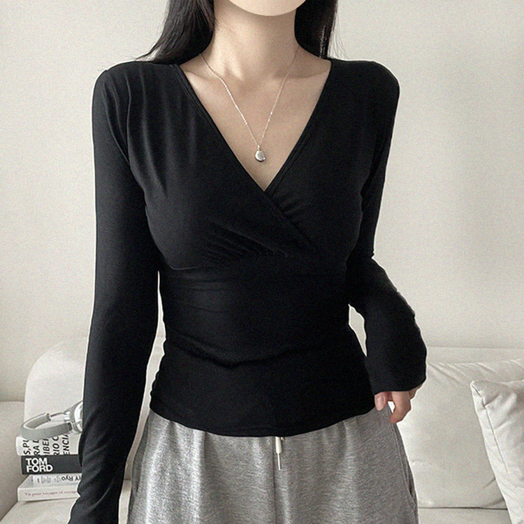 シャーリングVネック長袖Tシャツ(6color) BLACK