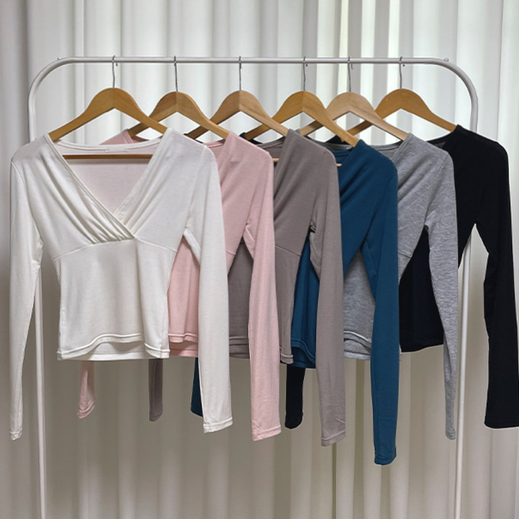 シャーリングVネック長袖Tシャツ(6color)