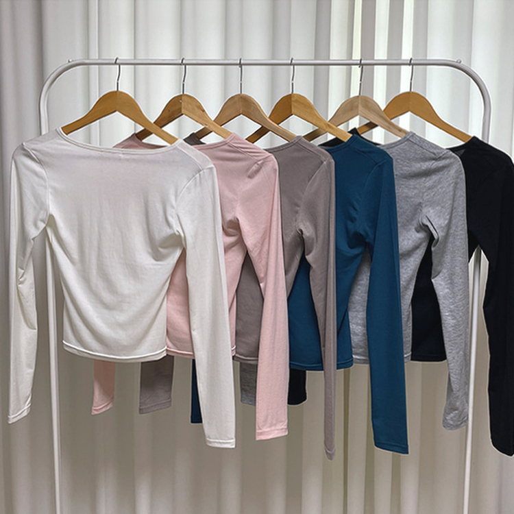 シャーリングVネック長袖Tシャツ(6color)