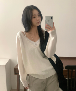 벨라 버튼단추 딥브이넥 루즈핏 레이어드 니트 5color 아이보리