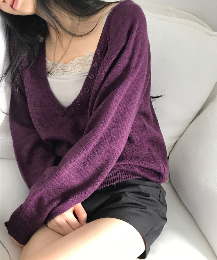 Vネックルーズレイヤードニット(5color) PURPLE