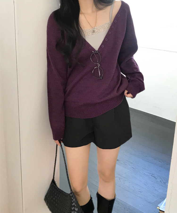 Vネックルーズレイヤードニット(5color) PURPLE