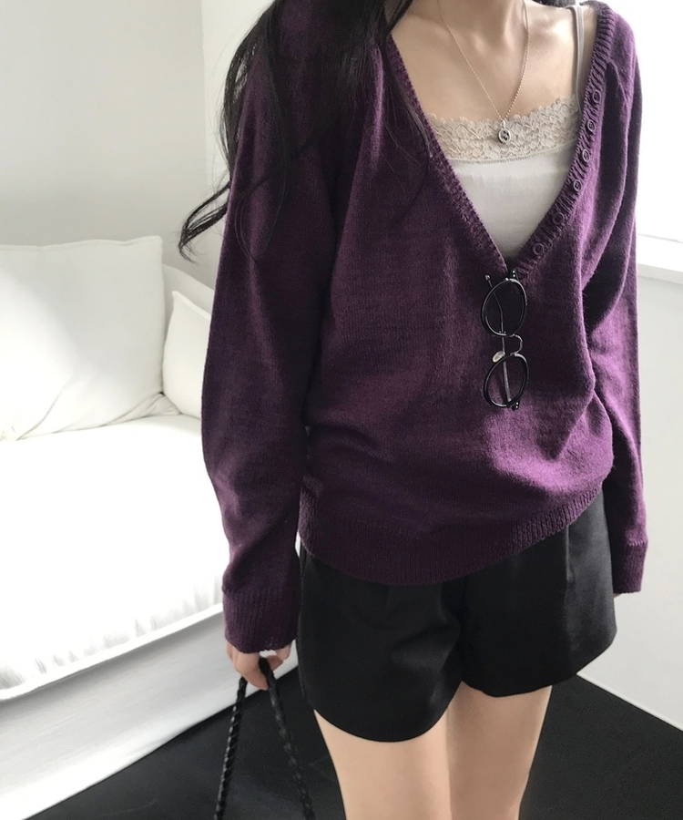 Vネックルーズレイヤードニット(5color) PURPLE