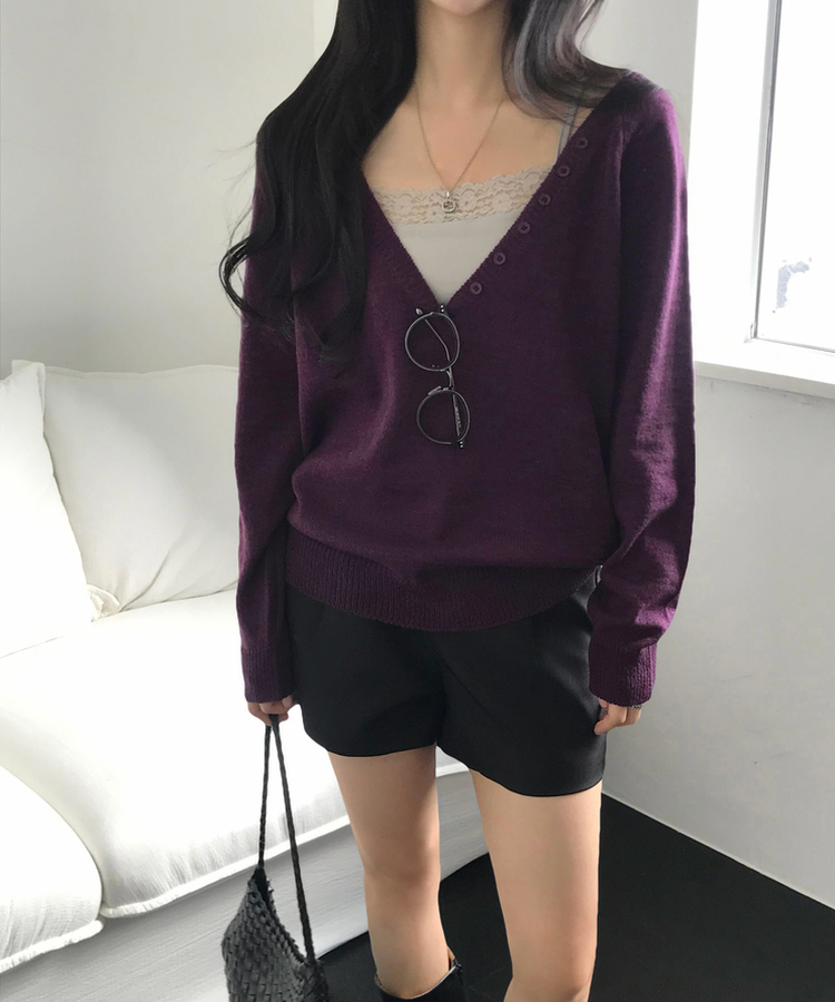 Vネックルーズレイヤードニット(5color) PURPLE