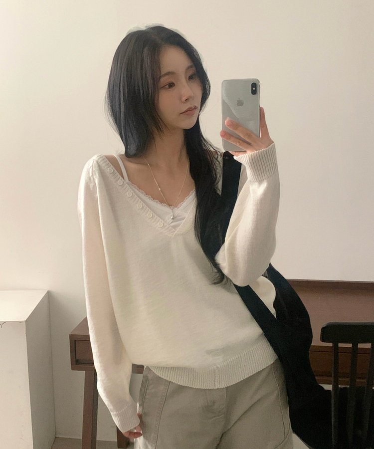 Vネックルーズレイヤードニット(5color) IVORY