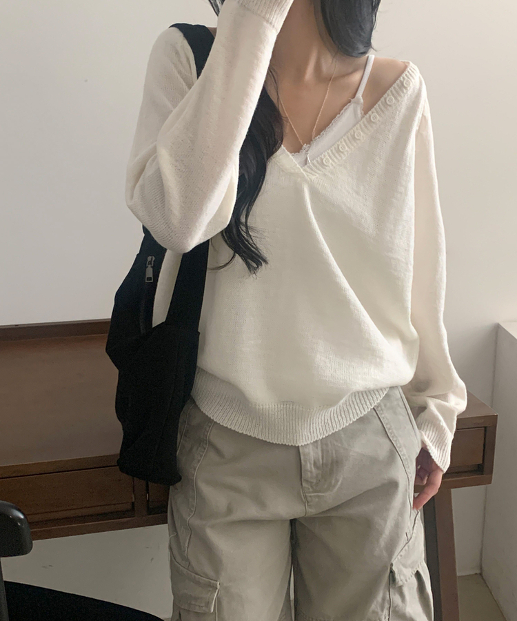 Vネックルーズレイヤードニット(5color) IVORY