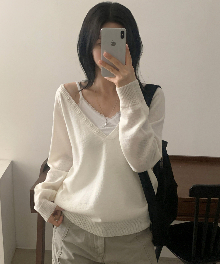 Vネックルーズレイヤードニット(5color) IVORY