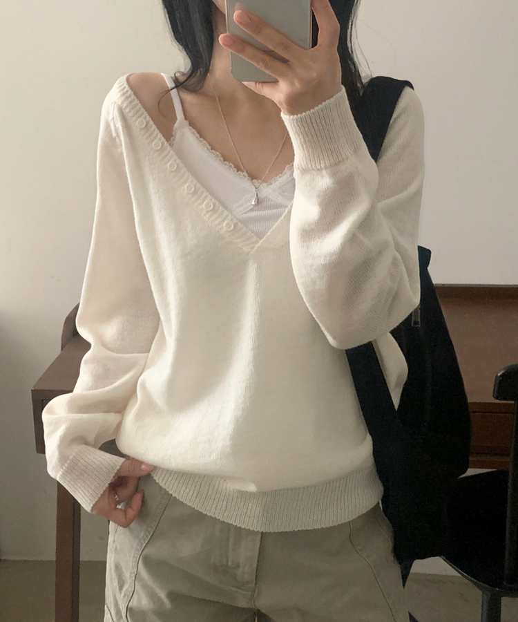 Vネックルーズレイヤードニット(5color) IVORY