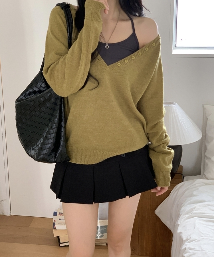 Vネックルーズレイヤードニット(5color) OLIVE